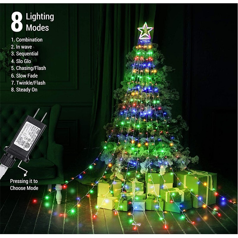Christmas Tree String Lights Outdoor Decoration Star String Lights 8 Modes Plug in 350 LED Waterfall Christmas Tree Star Topper Fairy Light For Patio Holiday Xmas Decor Colorful Lighting EU US AU UK Plug3