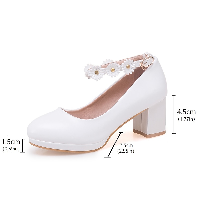 Girls' White Block Heel Dress Shoes with Daisy Flower Ankle Strap - Cute Formal Mary Jane Pumps for Special Occasions4