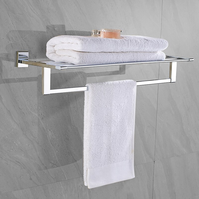 Multifunction Towel Rail Rack Holder Foldable Modern Solid Brass Bathroom Shelf with Hooks Wall Mounted Silvery