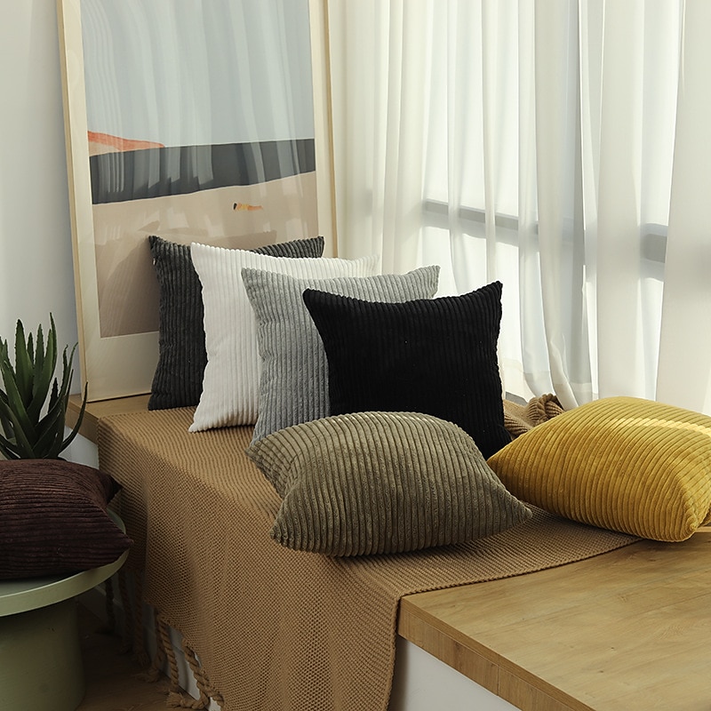 Decorative Toss Pillows 1pc Plain Corduroy Simple Corn Strip Pillow Cover Pure Color Plush Pillow Multi-color Sofa Hugging Pillow Case Pink Blue Sage Green Purple Yellow4