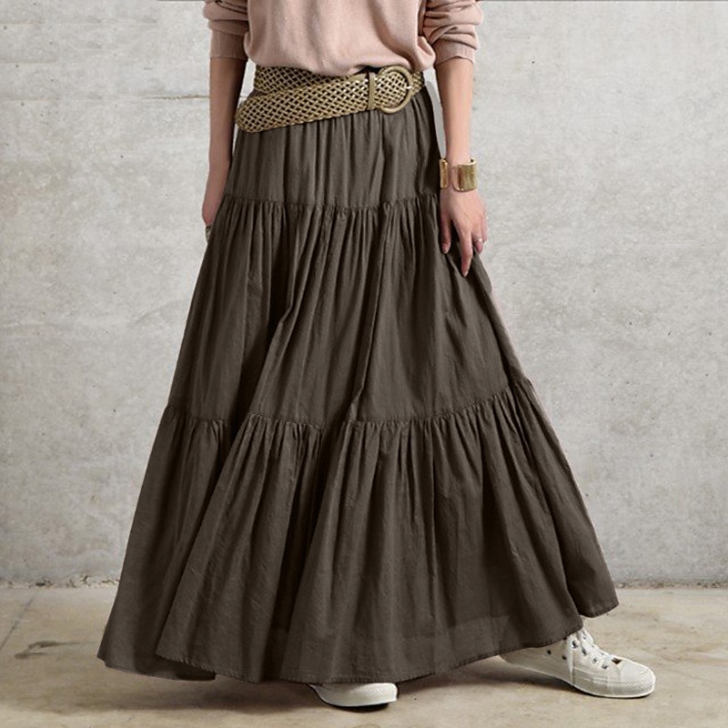 Women's Swing Work Skirts Long Skirt Vintage Summer Maxi Skirts Solid Colored Pleated Ruffle Vacation Causal Black Wine Purple Brown Autumn / Fall Cotton Cotton And Linen