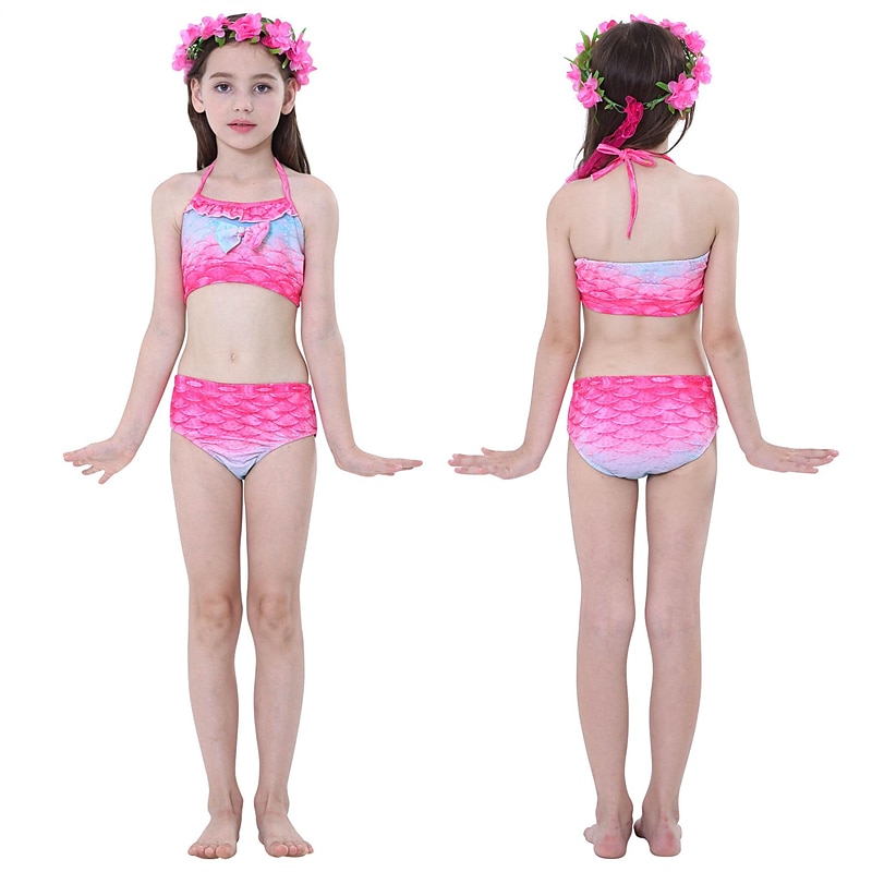 Kids Girls' Three Piece Mermaid Swimwear Swimwear Bikini Beach Swimming Print Active Cute Bathing Suits 4-12 Years Summer Rose Purple Polka Dot4
