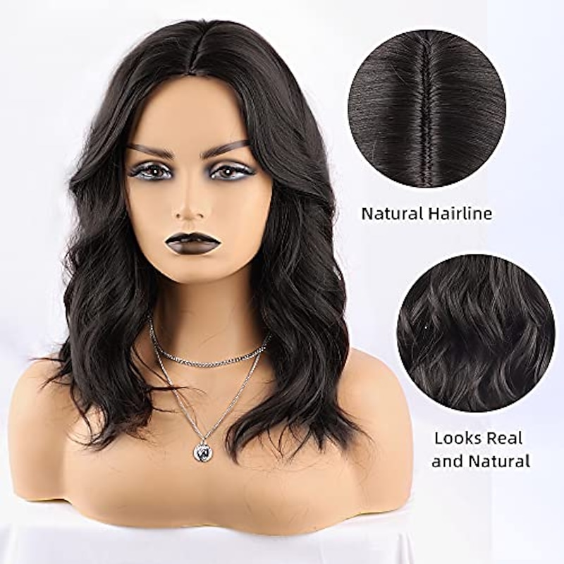 Brown Wigs for Women Short Wavy Wig Shoulder Length Black Wig Short Wavy Black Wig Middle Part Wigs Synthetic for Daily Party Use (16 Inch Black)2