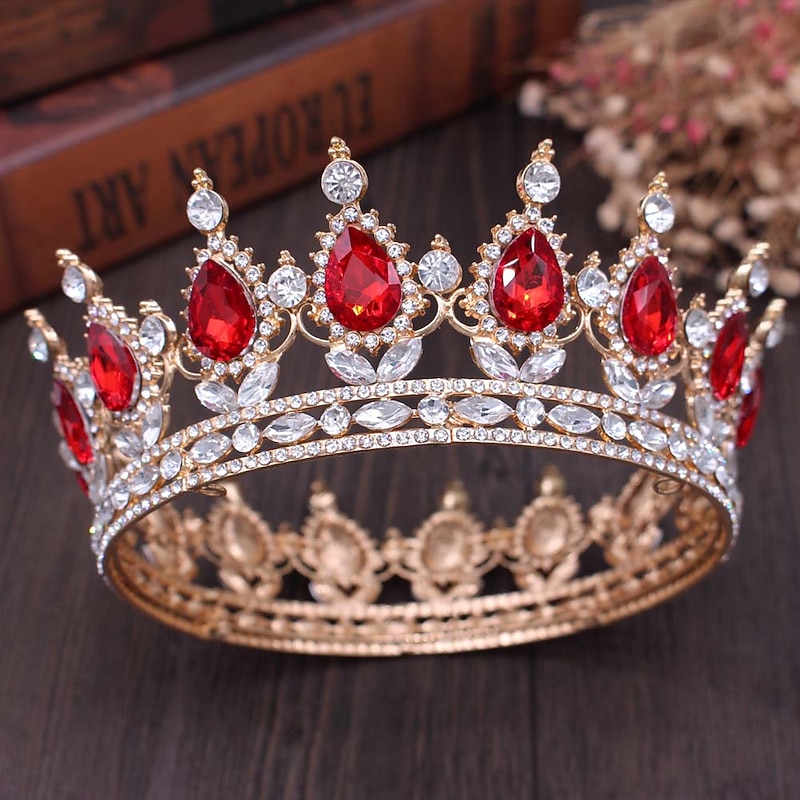 Crown Headdress Bride Golden Red Diamond Crystal Round Crown Full Crown Birthday Performance Accessories Hair Accessories2