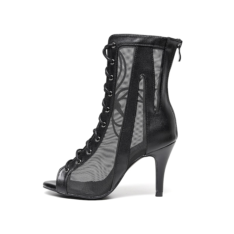 Women's Black Lace-Up Mesh Dance Boots with Peep-Toe and Stiletto Heel - Perfect for Latin Dance, Ballroom, and Performance Events2