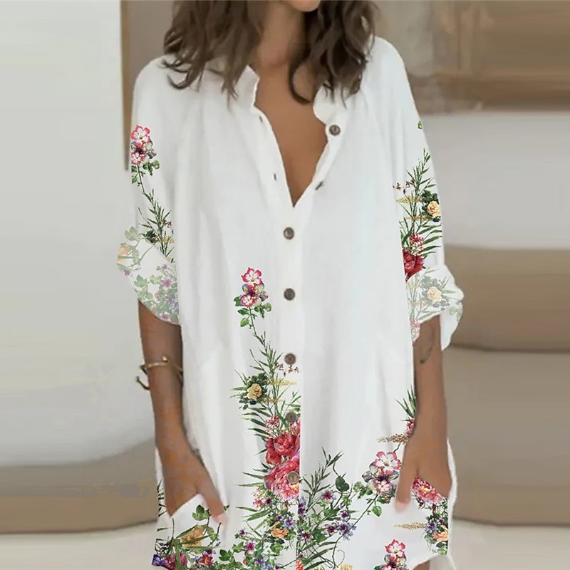 Women's Shirt Dress Casual Dress Mini Dress Winter Dress Daily Holiday Polyester Casual Shirt Collar Button Pocket Long Sleeve Summer Spring Fall 2022 Loose Fit White Pink Blue Leopard Floral3