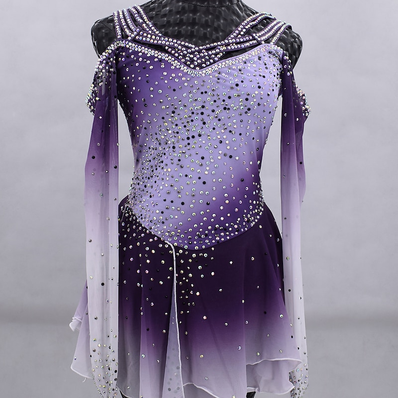 Figure Skating Dress Women's Girls' Ice Skating Dress Outfits Grey Back Cross Mesh Spandex High Elasticity Training Competition Skating Wear Handmade Crystal / Rhinestone Gradient Color Long Sleeve4