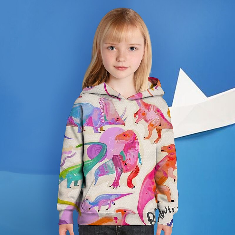 Back to School Girls' 3D Dinosaur Hoodie Long Sleeve 3D Print Spring Fall Winter Active Basic Kids 3-12 Years School Outdoor Daily