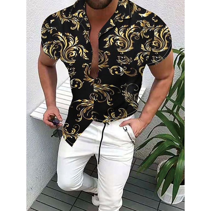 Men's Shirt Button Up Shirt Short Sleeve Designer Beach Casual Going out Spring & Summer Off Shoulder 3D Print Red Blue Gold