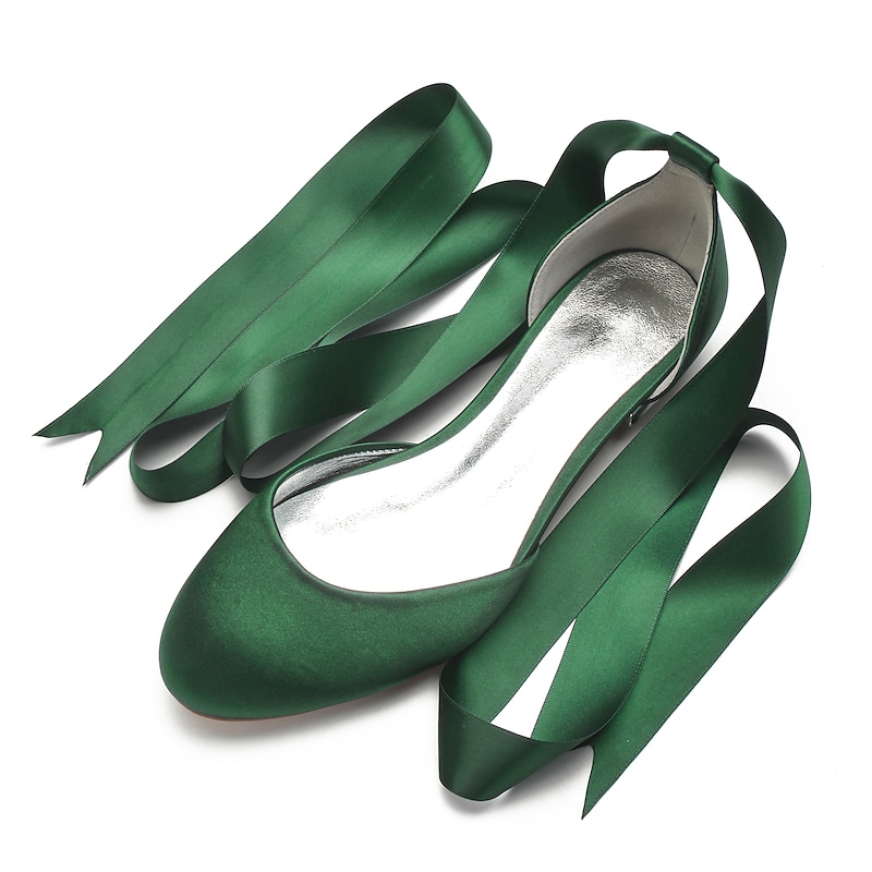 Women's Green Satin Ballet Flats with Long Ribbon Ties, Elegant and Comfortable Shoes for Weddings and Special Occasions