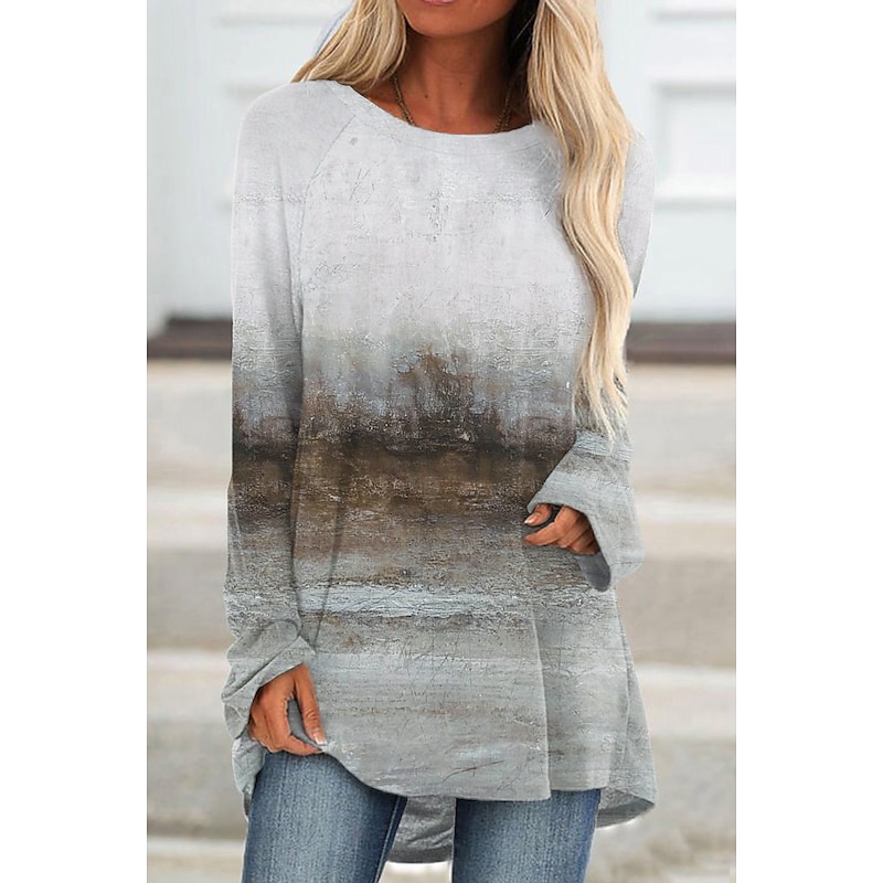 Women's Plus Size T Shirt Tunic Shirts Graphic Vintage Tunic Basic Long Sleeve Round Neck Long Tops Daily Weekend Print Brown Gray Fall & Winter2