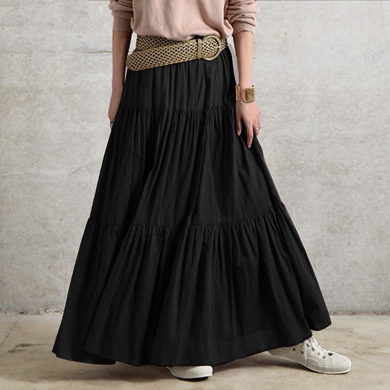 Women's Swing Work Skirts Long Skirt Vintage Summer Maxi Skirts Solid Colored Pleated Ruffle Vacation Causal Black Wine Purple Brown Autumn / Fall Cotton Cotton And Linen4