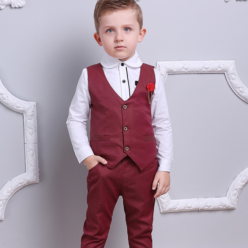 3 Pieces Ring Bearer Suit Boys Kids Suit Formal Suit Suit & Blazer Clothing Set School Formal Home Cool Gentle Plaid Print Black Wine Red Cotton3