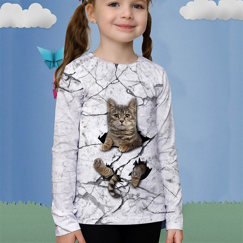 Girls' 3D Animal Cat T shirt Long Sleeve 3D Print Summer Spring Fall Active Sports Fashion Kids 3-12 Years Outdoor Daily Indoor Regular Fit2