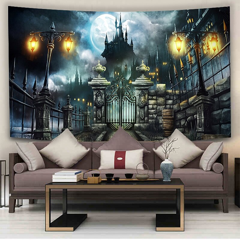 Wall Tapestry Art Decor Blanket Curtain Hanging Home Bedroom Living Room Decoration Psychedelic Haunted Scary Pumpkin Skull Skeleton Bat Castle Grim Reaper Polyester  Decorations3