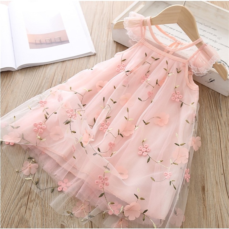 Kids Girls' Dress Flower Sleeveless School Daily Mesh Embroidered Elegant Sweet Cotton Summer Spring Fall 3-10 Years Pink Grey