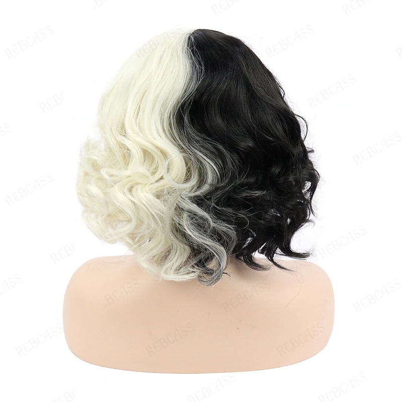 Gothic Wig Rebcass Synthetic Wig Cosplay Cruella Loose Curl Bouncy Curl Bob with Neat Bang Wig Black / Gold Synthetic Hair for Women Heat Resistant Free Cap 14inch Halloween Wigs4