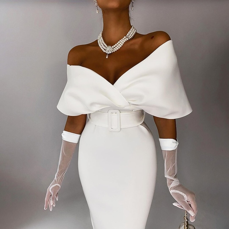 Beach Wedding Sheath Cocktail Dresses Elegant Dress Wedding Guest Party Wear Tea Length Sleeveless Off Shoulder Stretch Fabric with Sash / Ribbon Masquerade Dress3