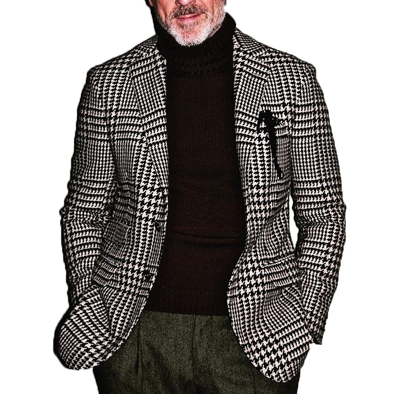 Men's Jacket Blazer Office Cocktail Attire Breathable Pocket Spring Fall Stripes and Plaid 1920s Formal Turndown Regular Regular Fit Black Jacket2