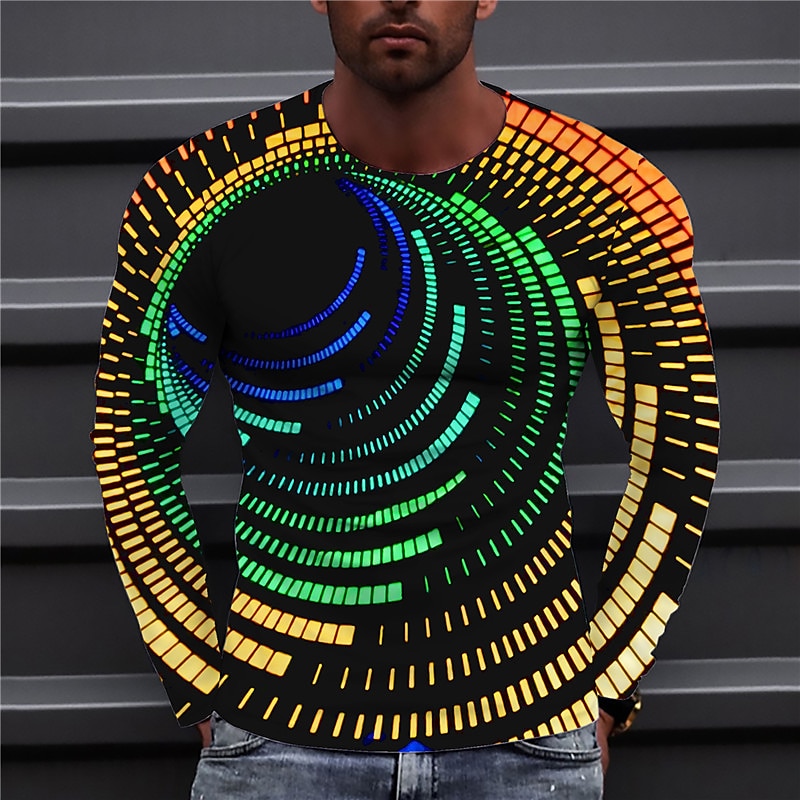 Men's Optical Illusion Graphic Prints Spiral Stripe T Shirt Long Sleeve T shirt 3D Print Crew Neck Shirt Designer Casual Big and Tall Daily Holiday Black Yellow Pink Spring &  Fall Clothing Apparel S