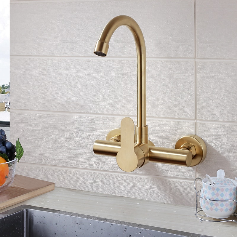 Kitchen faucet - Single Handle Two Holes Brushed Gold Tall /High Arc Wall Mounted Contemporary Kitchen Taps2
