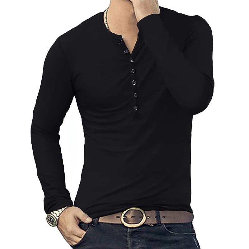Men's Button T Shirt T Shirt Long Sleeve Shirt Long Sleeve Stand Collar Spring &  Fall Plain Lightweight Classic Casual Button-Down Vacation Casual Holiday Wine Black White Top Tee for Men3