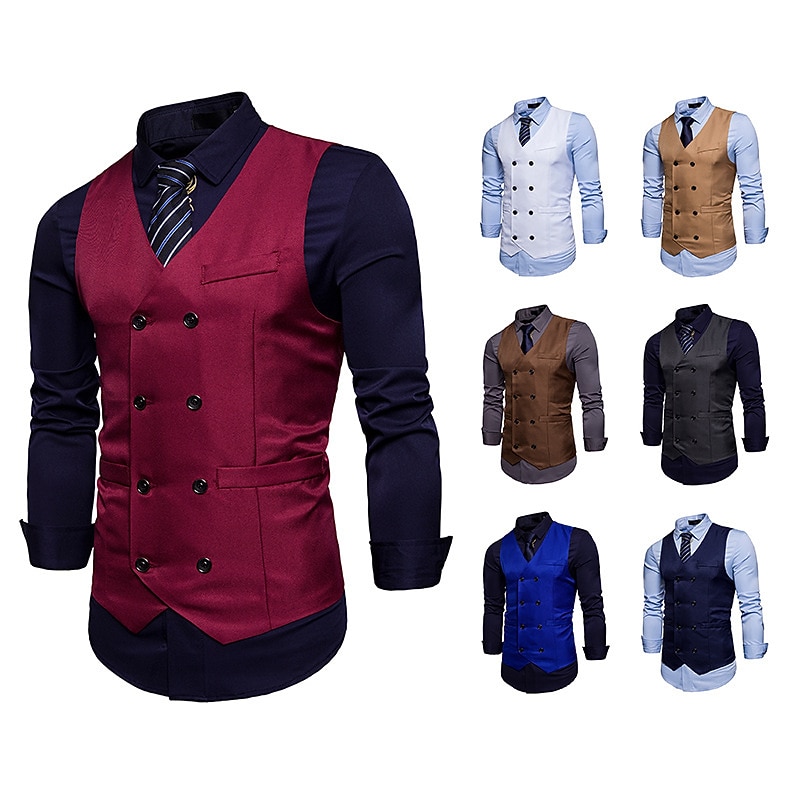 Men's Vest Waistcoat Wedding Work Street Business Elegant Business Fall Pocket Polyester Breathable Solid Color Double Breasted V Neck Regular Fit Black White Wine Navy Blue Vest