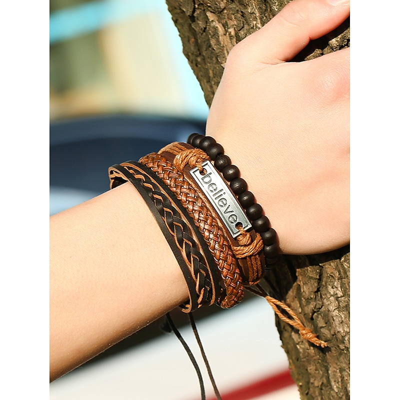 4PCS Leather Bracelet Set Braided Birthday Statement Elegant Fashion Holiday Leather Bracelet Jewelry Brown For Anniversary Gift Date Birthday Festival3