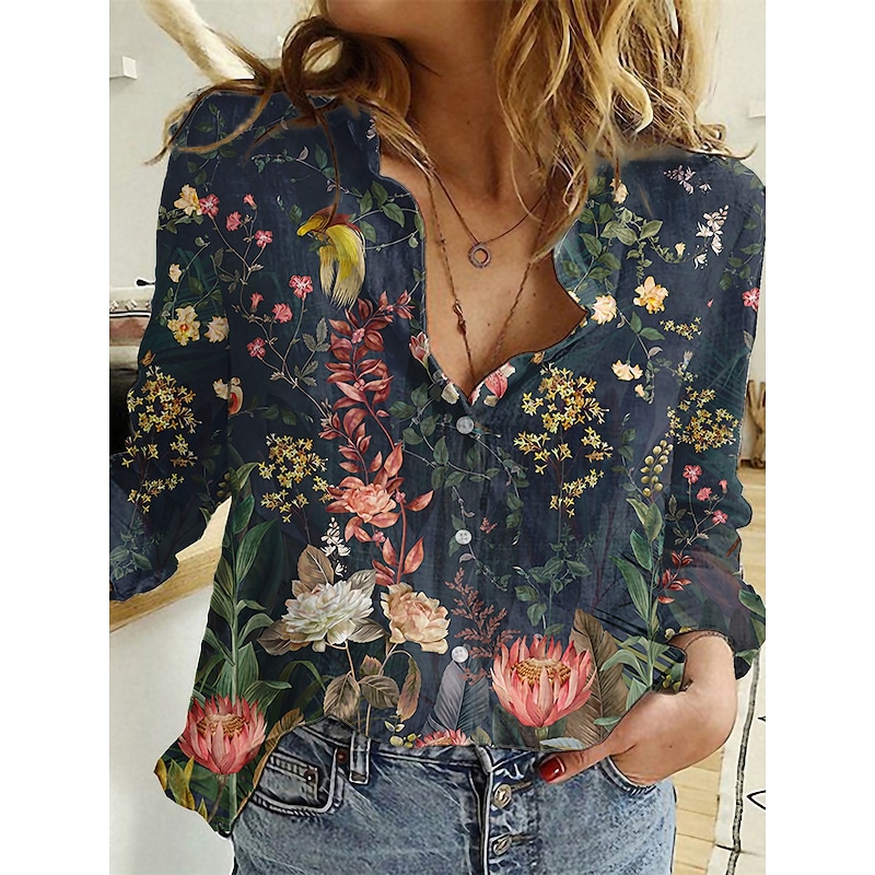 Women's Shirt Button Down Tunic Shirt Collar Long Sleeve Hawaiian Maroon Black Pink Graphic Floral Print Casual Vintage Regular Holiday Clothes4