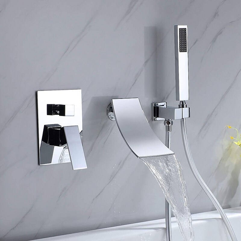 Waterfall Tub Faucet with Handheld Shower Chrome High Flow Waterfall Wall Mounted Bathtub Faucet Waterfall Spout Tub Filler Solid Brass with Black Finished