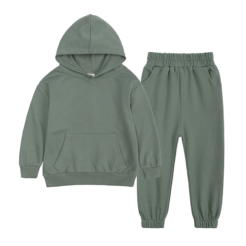 2 Pieces Kids Boys Hoodie Sweatpants Clothing Set  Long Sleeve Solid Color Cotton Outdoor Basic Daily Regular 3-12 Years Green Blue Gray