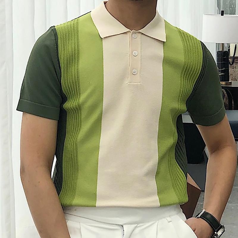 Men's Knit Polo Sweater Polo Shirt Outdoor Street Turndown Button Short Sleeve Fashion Classic Striped Button Front Summer Spring Fall Regular Fit Black White Light Green Green Apricot Gray Knit Polo