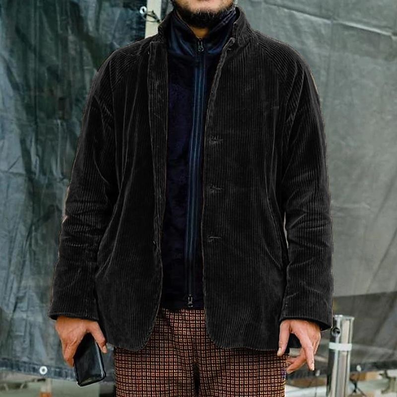 Men's Corduroy Jacket Outdoor Daily Wear Warm Button Fall Winter Plain Fashion Streetwear Stand Collar Regular Black Coffee Jacket2