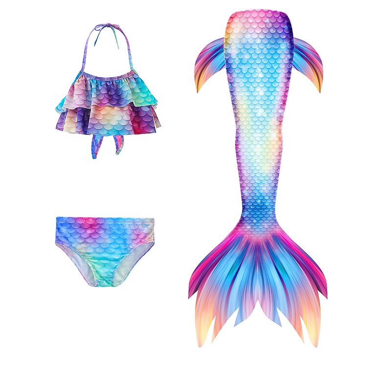 Kids Girls' Three Piece Mermaid Swimwear Swimwear Beach Swimming Color Block Rainbow Active Print Bathing Suits 3-10 Years Summer Pink Dusty Rose3