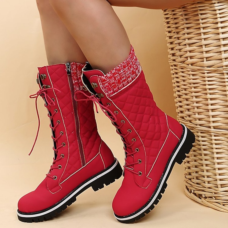 Women's Red Quilted Mid - Calf Combat Boots, Knit Cuff & Lace - Up with Side Zipper, Stylish Winter Staple for All - Day Comfort
