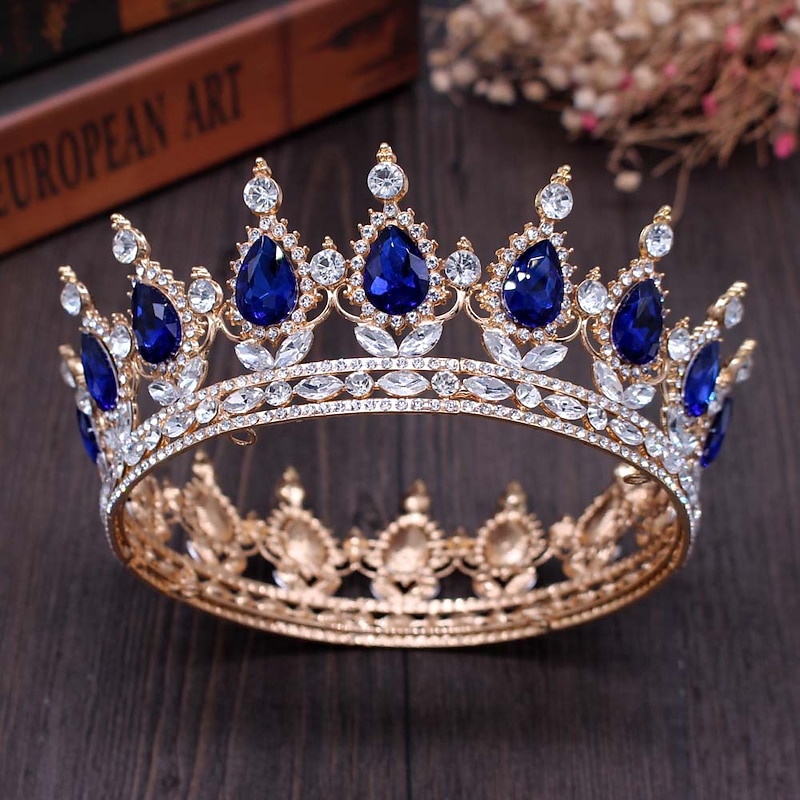 Crown Headdress Bride Golden Red Diamond Crystal Round Crown Full Crown Birthday Performance Accessories Hair Accessories3