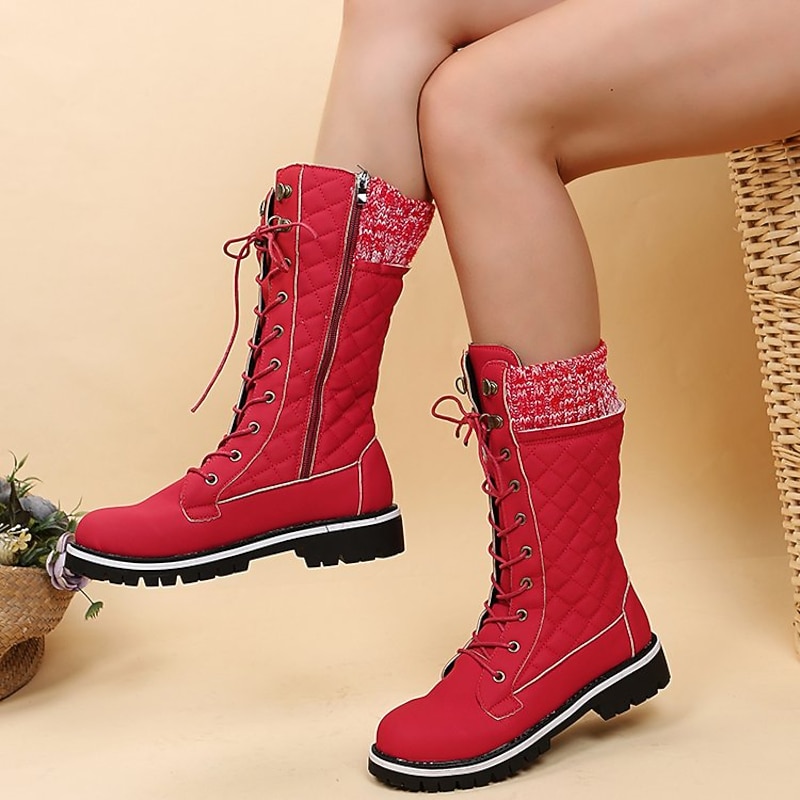Women's Red Quilted Mid - Calf Combat Boots, Knit Cuff & Lace - Up with Side Zipper, Stylish Winter Staple for All - Day Comfort3