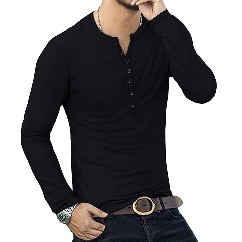 Men's Button T Shirt T Shirt Long Sleeve Shirt Long Sleeve Stand Collar Spring &  Fall Plain Lightweight Classic Casual Button-Down Vacation Casual Holiday Wine Black White Top Tee for Men4