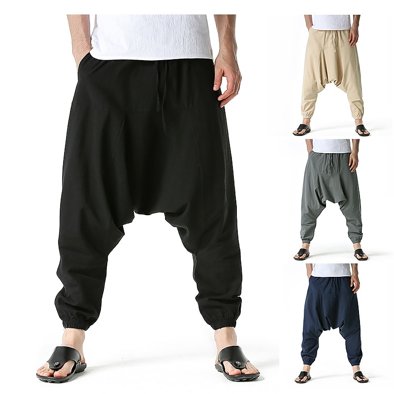 Men's Harem Linen Pants Trousers Summer Pants Pants Trousers Elastic Waist Drop Crotch Plain Soft Full Length Casual Daily Linen / Cotton Blend Cotton And Linen Hippie Yoga Loose Fit Black Navy Blue
