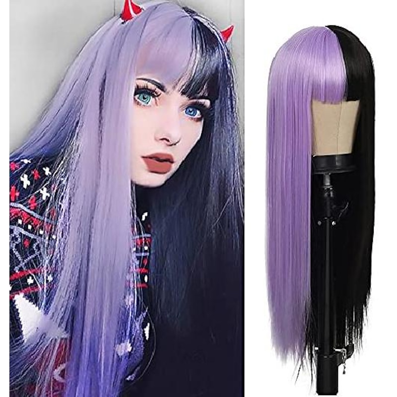 Half Purple Half Black Long Straight Lolita Wig Cosplay Bangs Hair Natural Synthetic Wig for Women Girl (Half Purple Half Black) Halloween Wigs