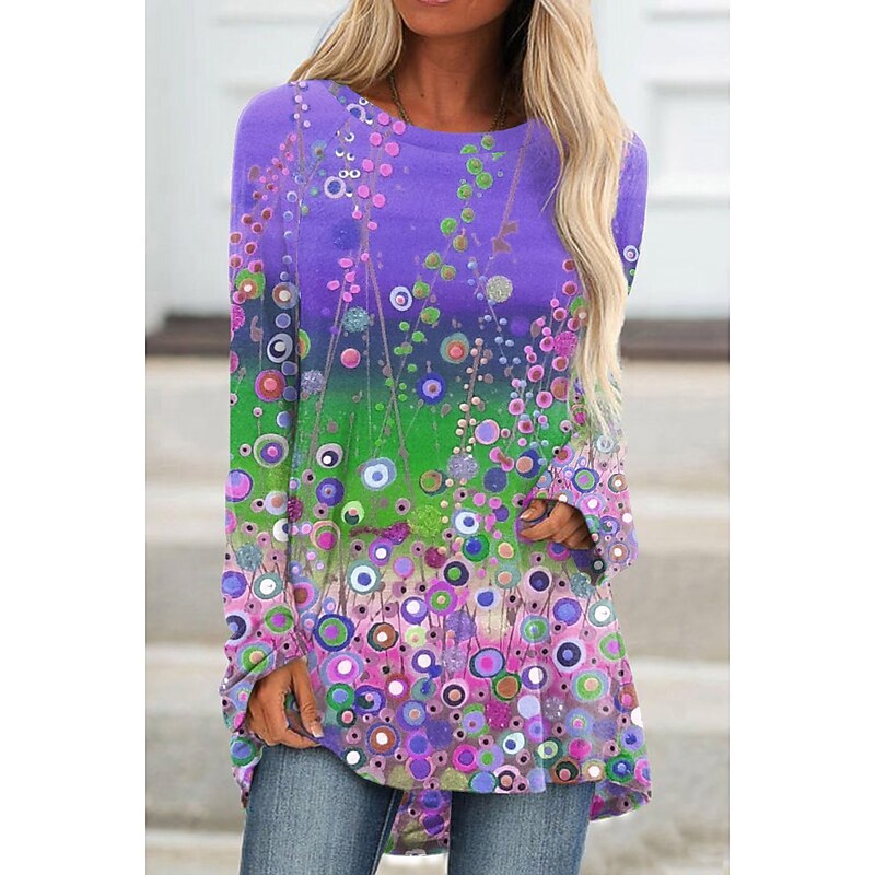 Women's Plus Size T Shirt Tunic Shirts Floral Graphic 3D Tunic Basic Neon & Bright Long Sleeve Round Neck Long Tops Daily Weekend Print Pink Blue Purple Fall & Winter3