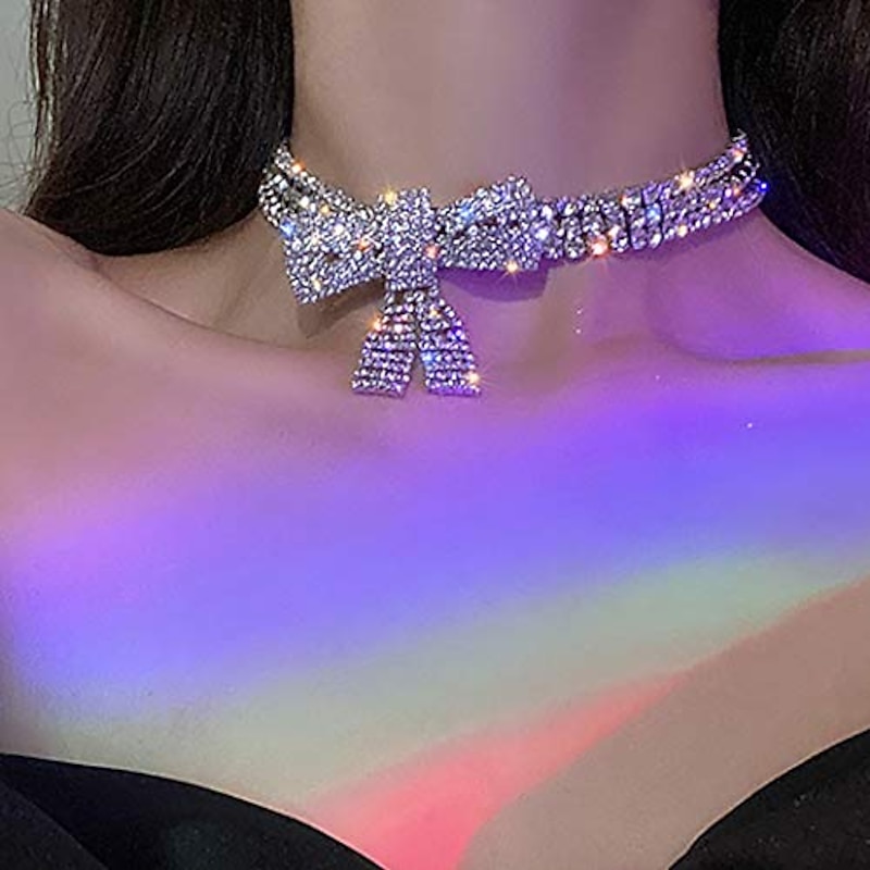 Rhinestone Choker Necklace Bow-Knot Full Crystals Necklaces Silver Sparkly Necklace Chain Jewelry Fashion Party Accessories for Women and Girls dress to impress