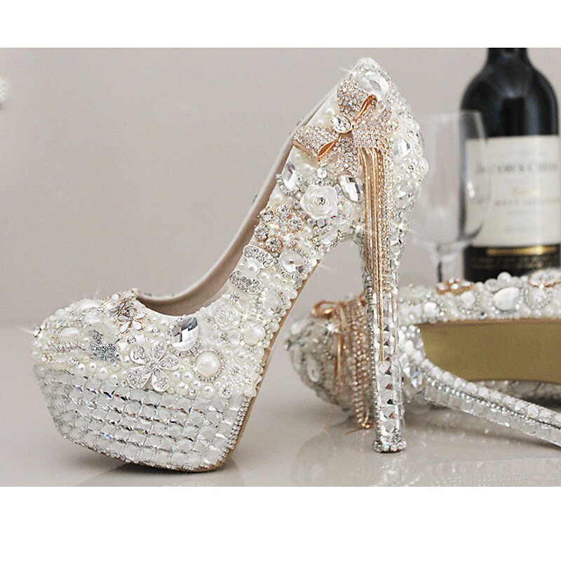 Women's White Rhinestone and Pearl Embellished Platform Stiletto Heels with Bow Accent – Luxury Bridal Wedding Shoes3