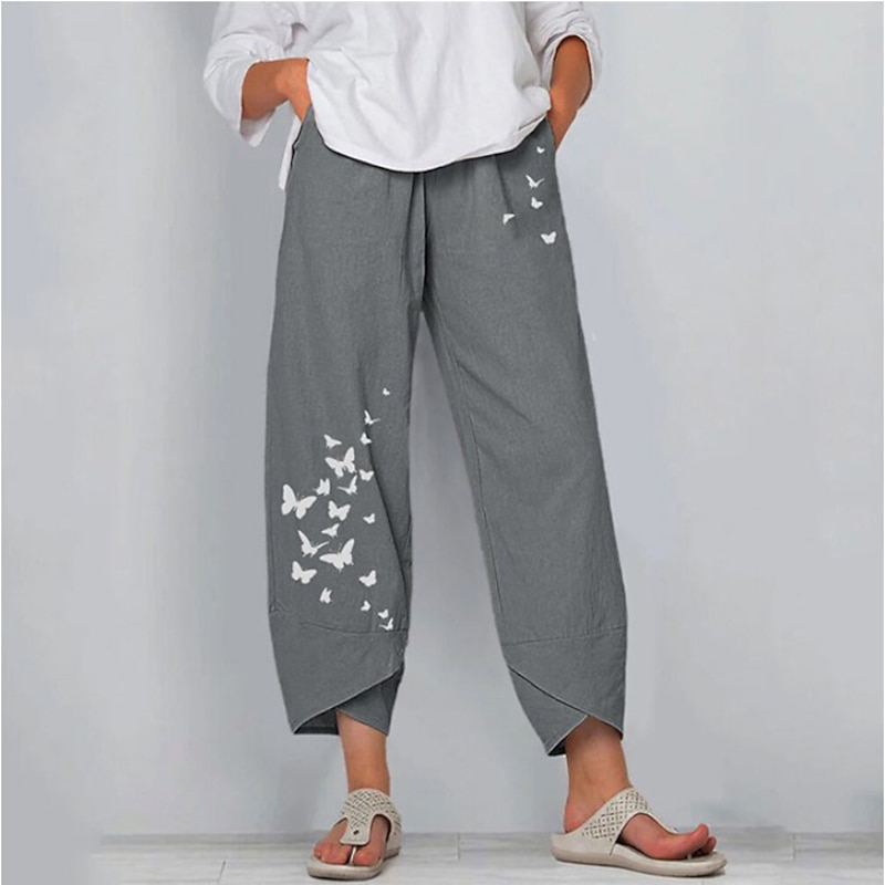 Women's Normal Cotton Linen Pants Pants Trousers Capri shorts Chino Ankle-Length High Waist Butterfly Baggy Print Breathable Soft Outdoor Inelastic Casual Going out Black / Red Light Green Grey4