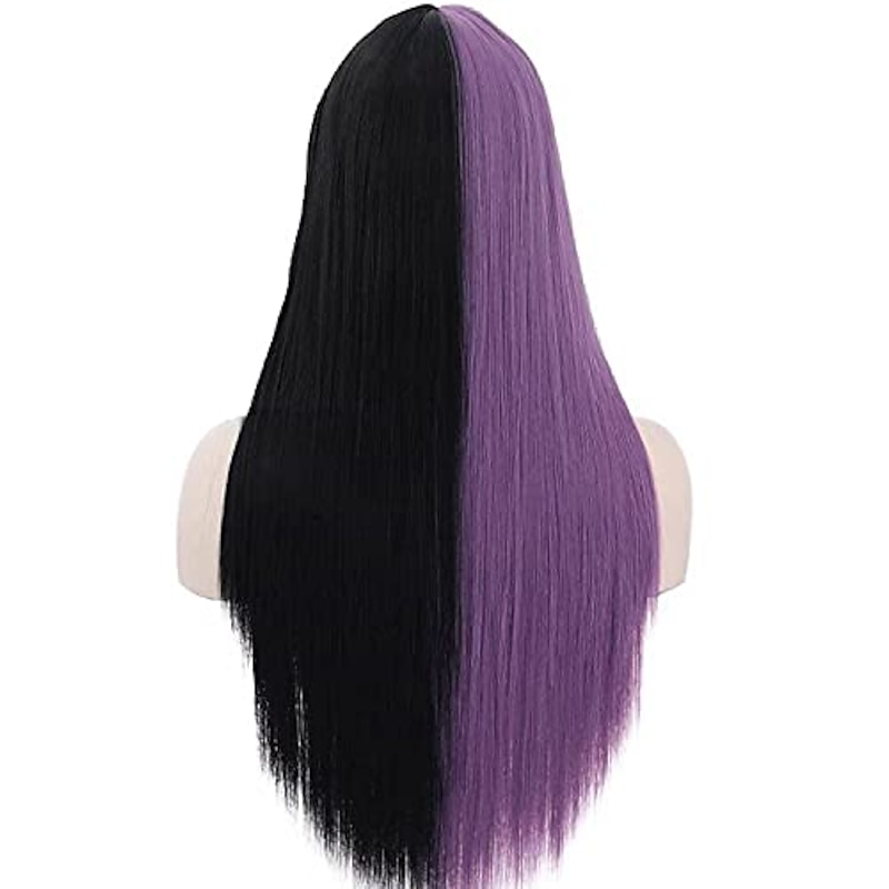 Half Purple Half Black Long Straight Lolita Wig Cosplay Bangs Hair Natural Synthetic Wig for Women Girl (Half Purple Half Black) Halloween Wigs3