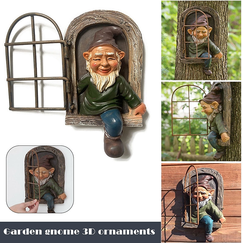 Mini Garden Crafts Decoration Gnome Leave The Window Whimsical Tree Sculpture Garden Decoration Garden Gnome Outdoor Ornament2