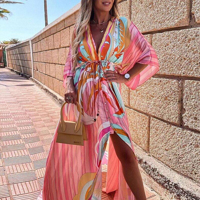 Women's Long Dress Maxi Dress Casual Dress Swing Dress Classic Modern Vacation Daily Loose Fit Graphic Half Sleeve Deep V Pink Orange Green Dark Blue Spring Fall Winter Autumn