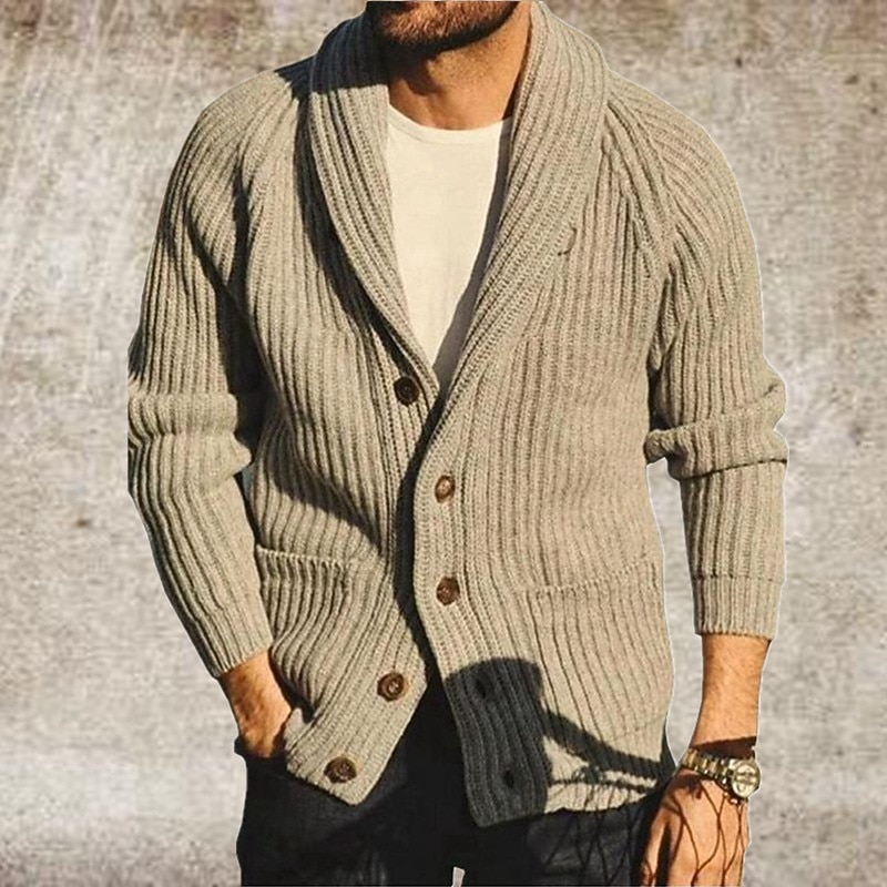 Men's Sweater Cardigan Sweater Knit Knitted Solid Color Shawl Collar Stylish Vintage Style Daily Wear Clothing Apparel Fall Winter Khaki M L XL