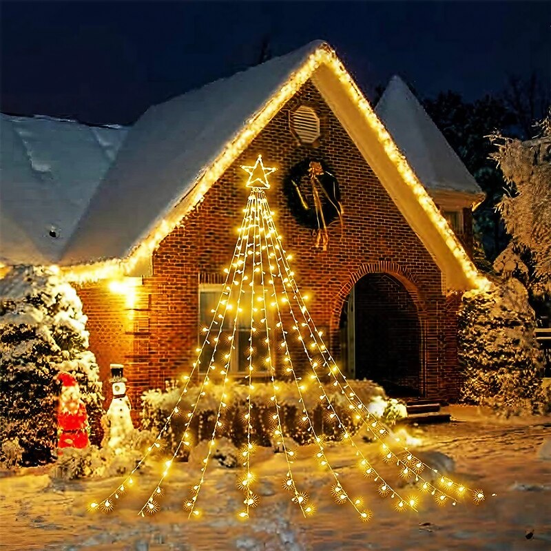 Christmas Tree String Lights Outdoor Decoration Star String Lights 8 Modes Plug in 350 LED Waterfall Christmas Tree Star Topper Fairy Light For Patio Holiday Xmas Decor Colorful Lighting EU US AU UK Plug