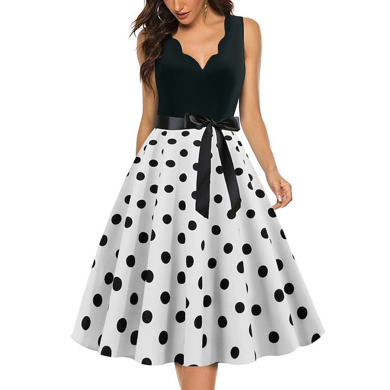 Polka Dots 1950s Grease Outfits Cocktail Dress Knee Length Dress Rockabilly Flare Dress Polka Dot V Neck Fancy Dress Women's Christmas Halloween Carnival Evening Party Adults' Dress2